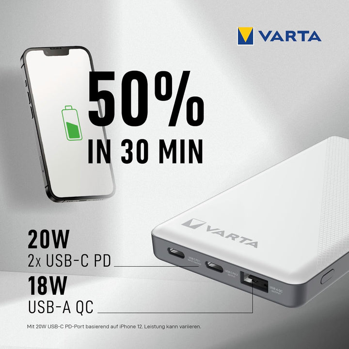VARTA Power Bank 10000mAh, Powerbank Energy mit 3 Anschlüssen (2x USB C, 1x USB A) Kompatibel mit Ta