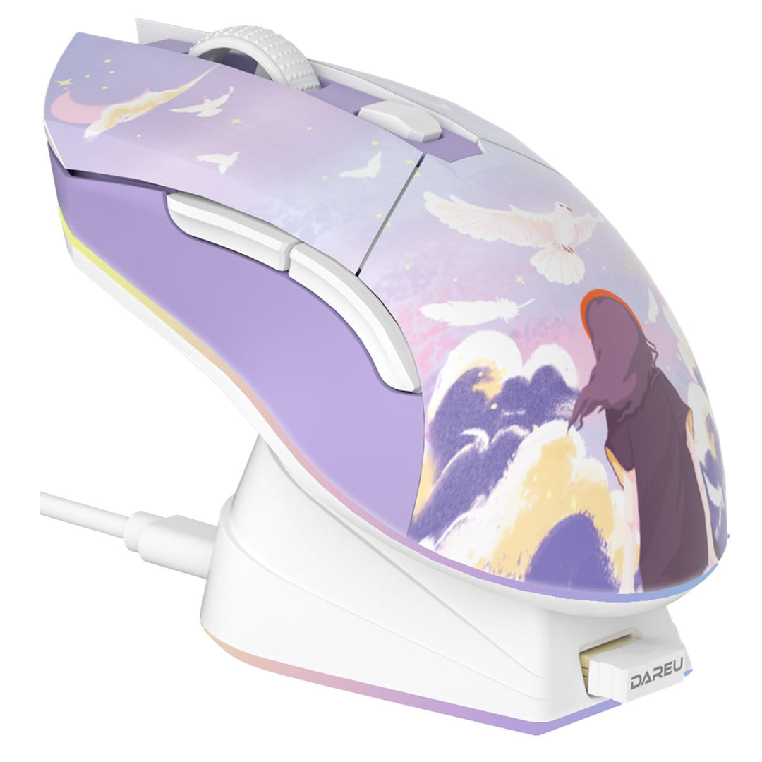 DAREU Kabellose Gaming Maus mit Ladestation, Wiederaufladbar, RGB, 12.000 DPI, 7 Programmierbare Tas