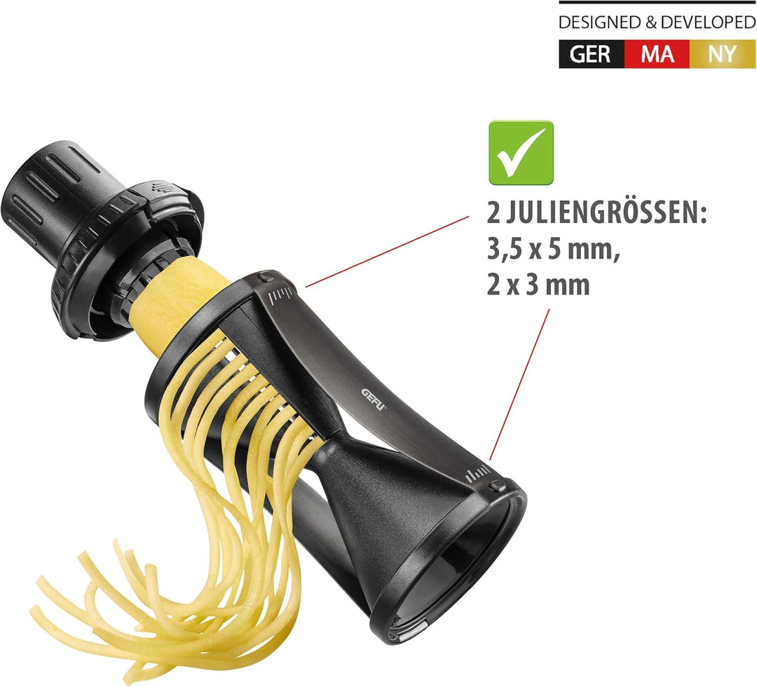GEFU Spiralschneider SPIRELLI 2.0 Black Edition mit Gemüsehalter & Bürste, Julienne-Schneider für Ge