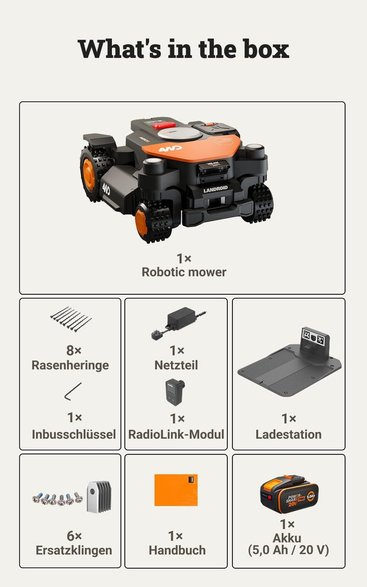 WORX Landroid Vision Cloud WR342E 4WD Mähroboter ohne Begrenzungskabel für 2000 m² (KI-Hinderniserke