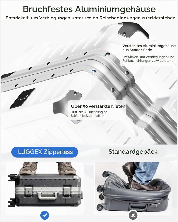 LUGGEX Koffer Gross mit Aluminiumrahmen, Zipperloser Hartschalen-Trolley aus Polycarbonat mit 360° R
