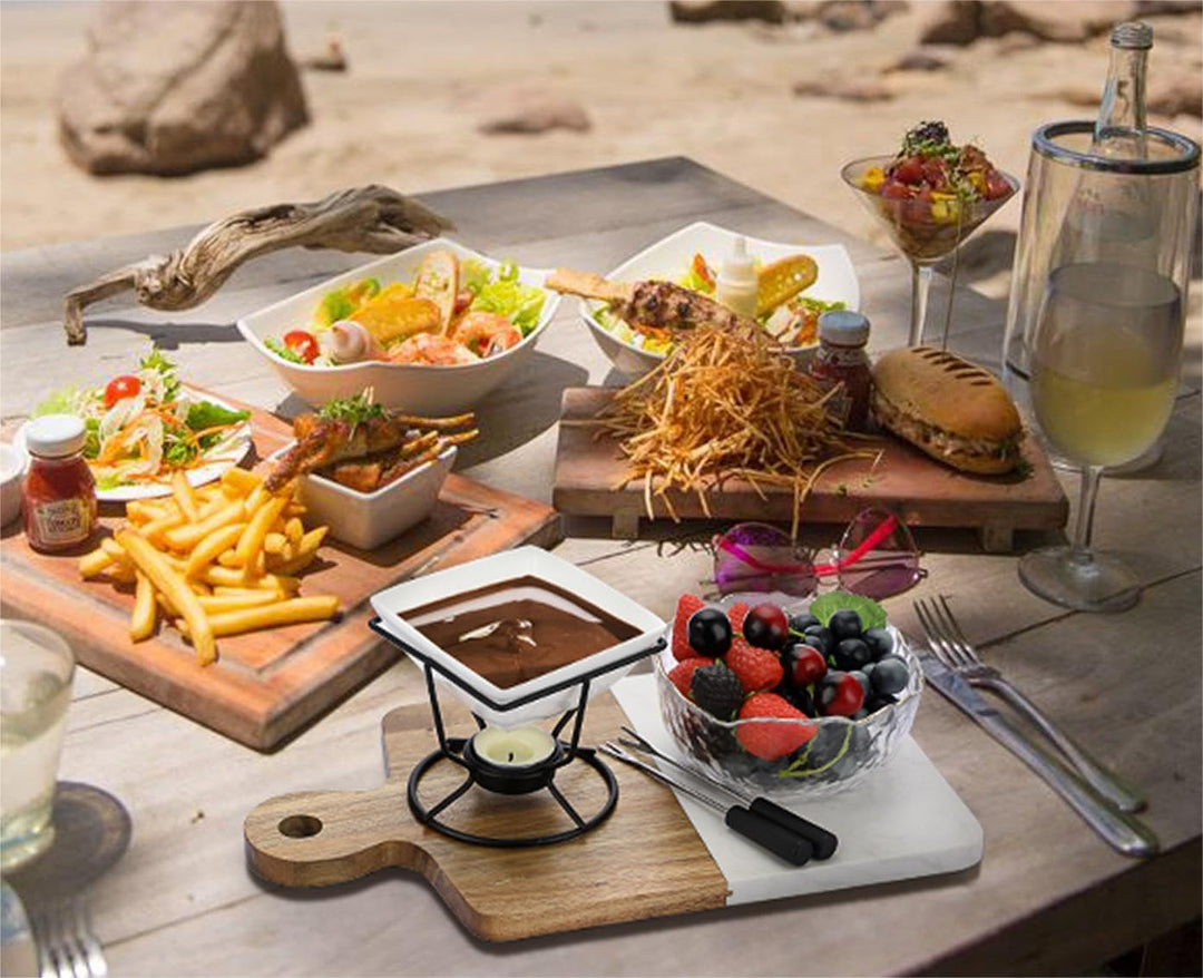 TOLIDA Schokofondue-Set Weisser Quadratischer Schokoladenschmelztopf mit Schwarze Eisen Stehen Käsef