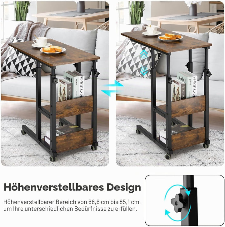 Hadulcet C-förmiger Beistelltisch verstellbar, höhenverstellbarer C-Tisch mit Rollen und Ablageschal