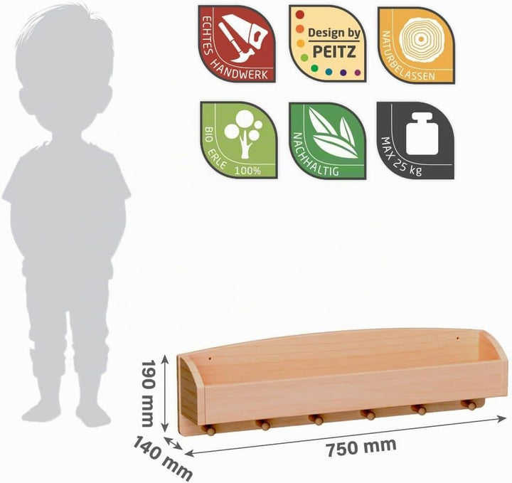 Holzspielzeug Peitz Kinder Wand-Garderobe Mützen-Ablage | Kinderzimmermöbel | Massivholz 8054