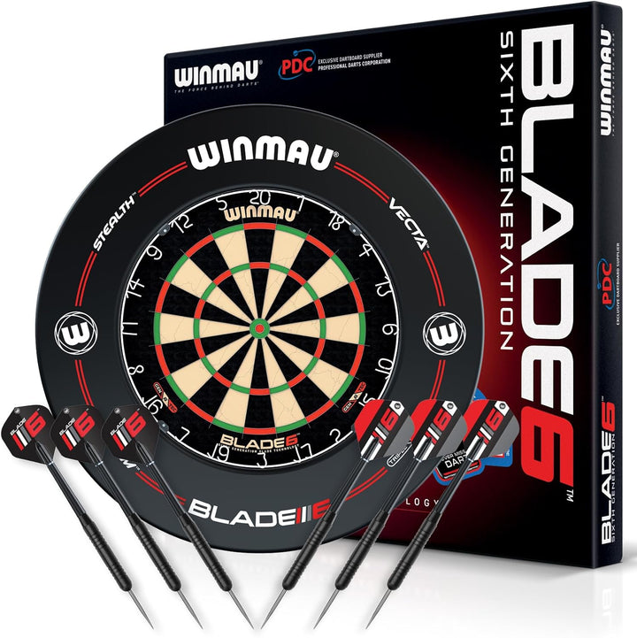 WINMAU Blade 6 Professionelle Bristle Klassische Dartscheibe with Surround und Darts Set (2 Sätze Da