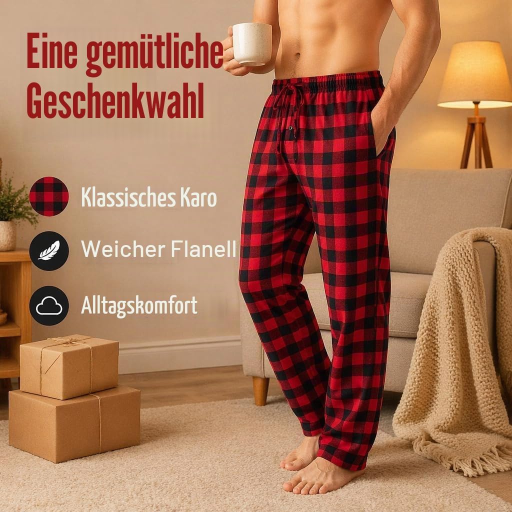 Herren 100% Baumwolle Flanell Bequeme Pyjama/Lounge Bottoms mit Taschen S Black Red Check, S Black R