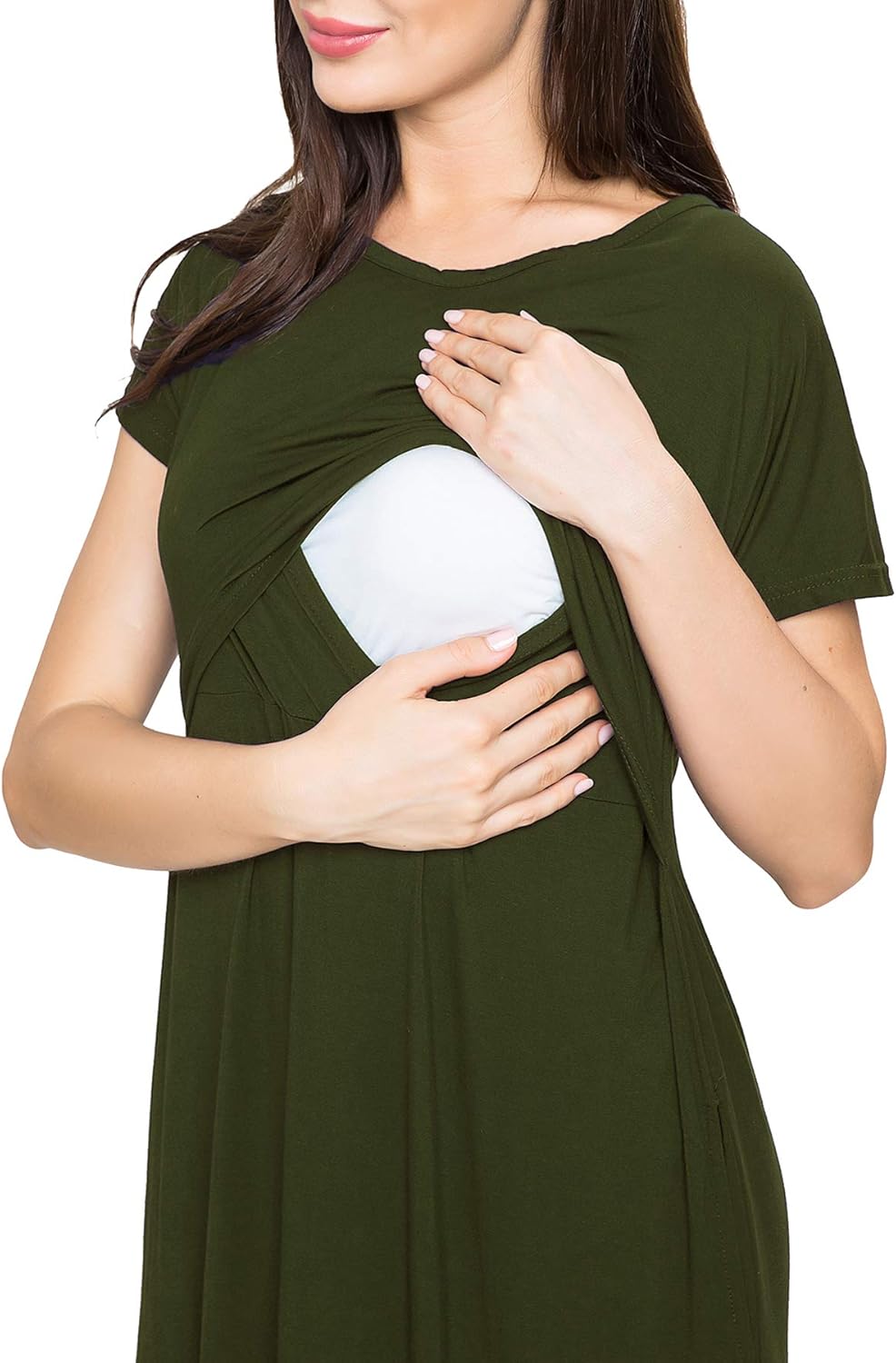 Smallshow Damen Lang Split Stillkleid Kurzarm Umstandskleid Sommer XL Armeegrün, XL Armeegrün