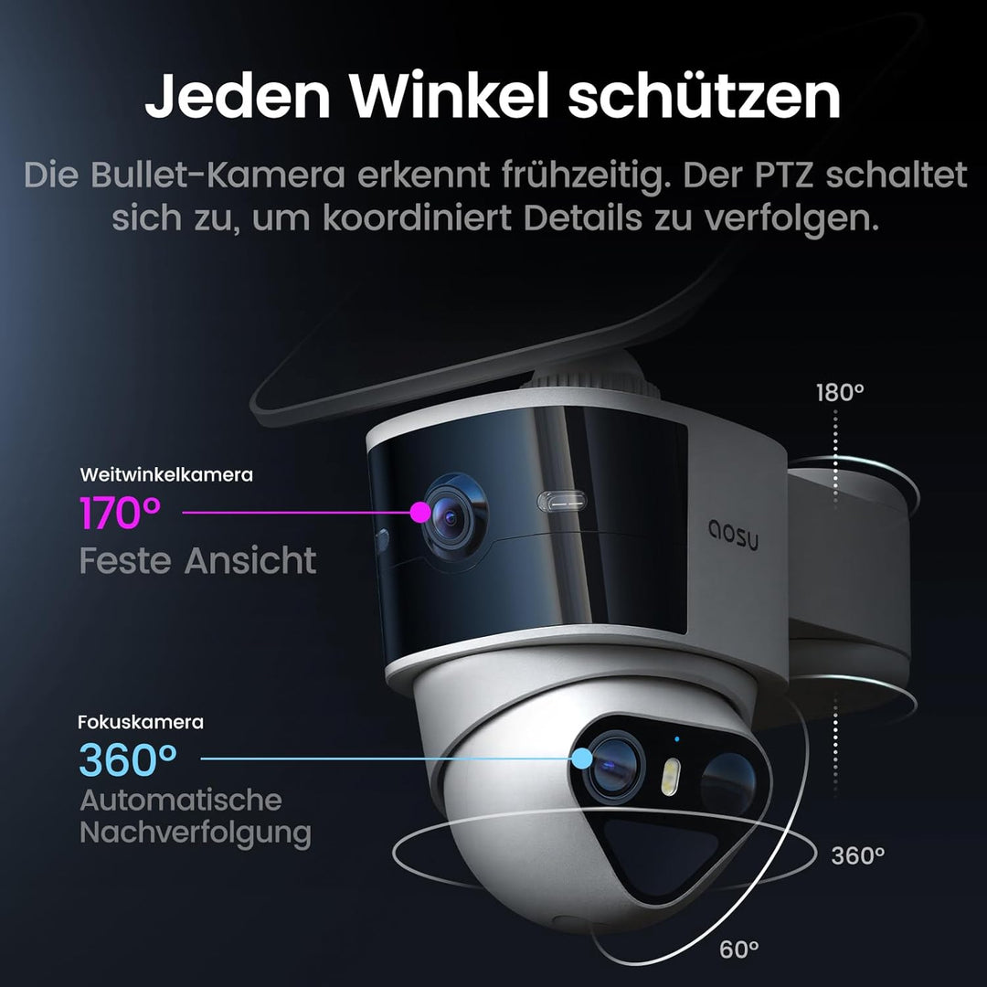aosu T2 Pro Überwachungskamera Aussen Solar, 2er-Kit Überwachungskamera Aussen, 3k Dual-Kamera, 170°