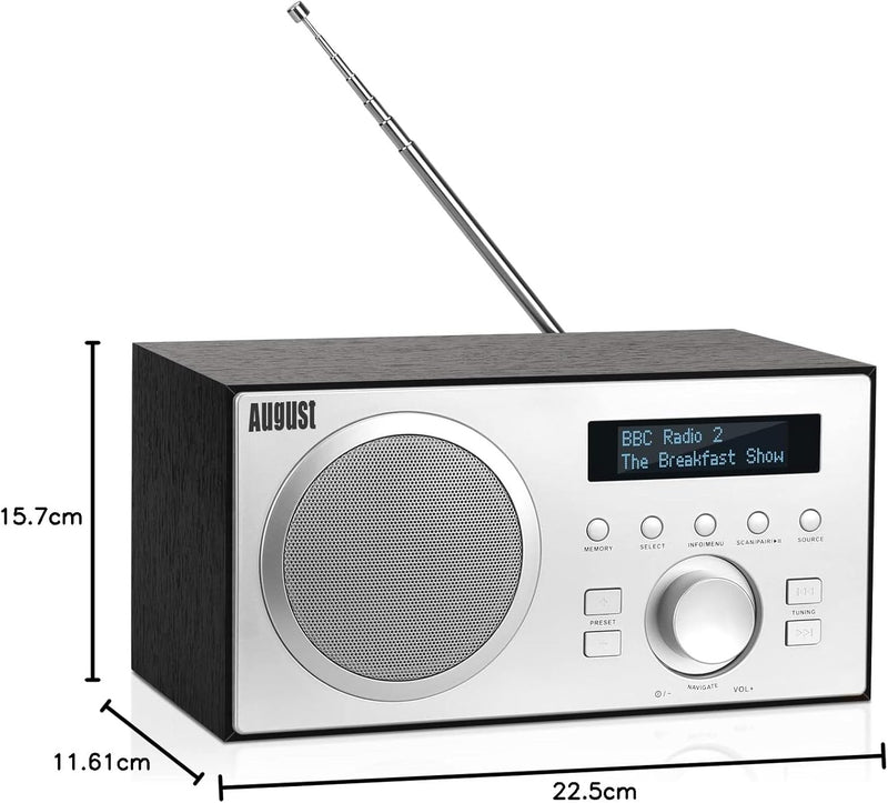 DAB+/FM Radio mit Bluetooth-August MB420-Digitales Küchenradio Holzgehäuse RDS-Funktion 60 Presets H