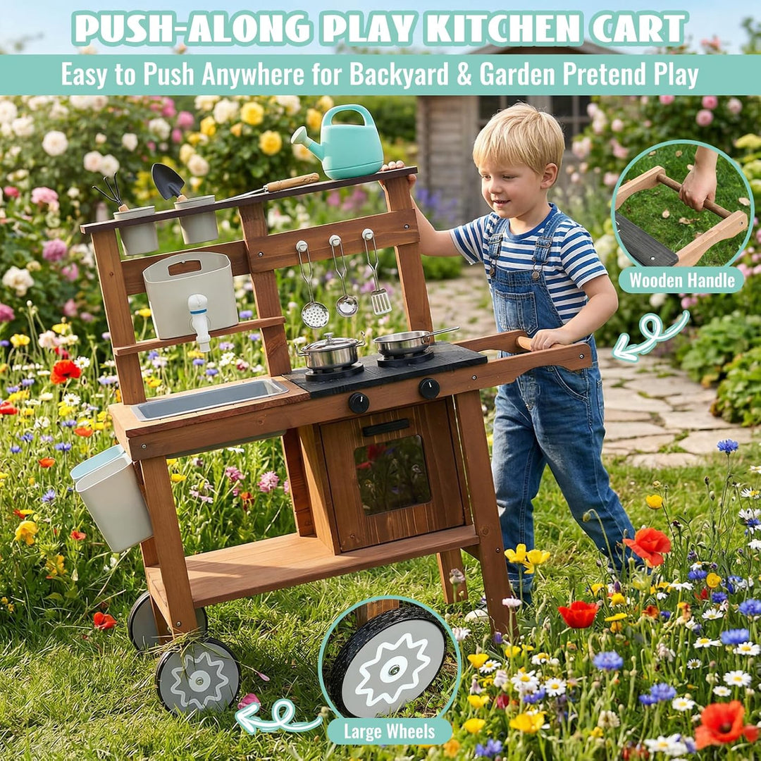 Outdoor Spielküche Gartenspielküche Matschküche Kinder Outdoor Mit Rädern, Wasserkocher, Spüle, Holz