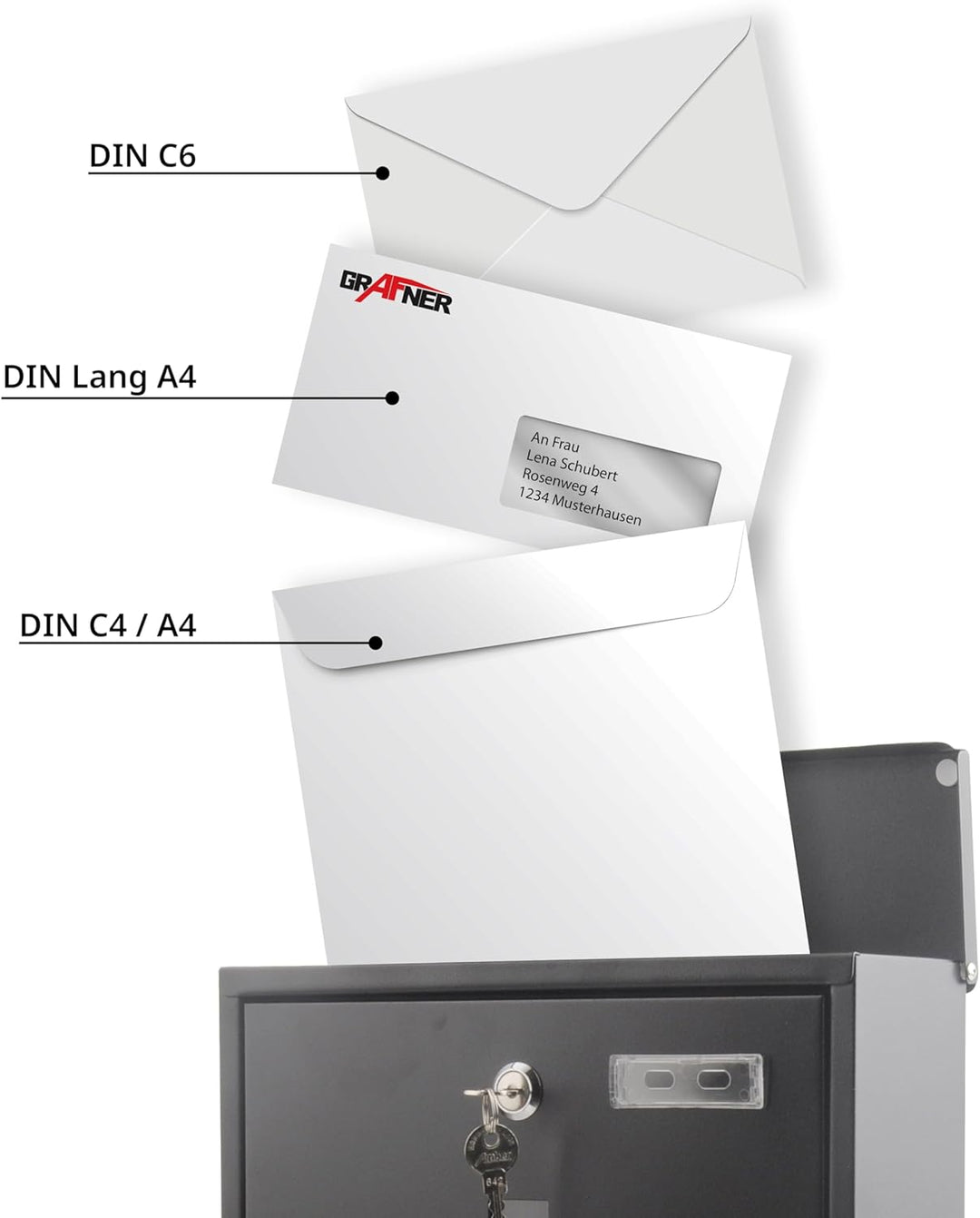 Grafner Design Briefkasten schwarz mit Zeitungsfach, pulverbeschichtet, abschliessbar – 2 Schlüssel
