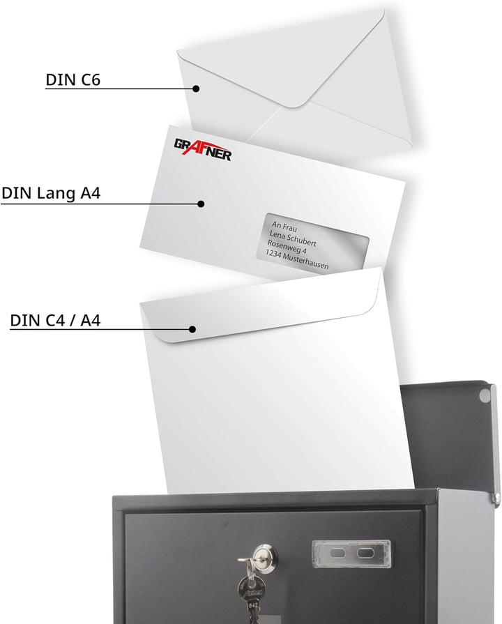 Grafner Design Briefkasten schwarz mit Zeitungsfach, pulverbeschichtet, abschliessbar – 2 Schlüssel