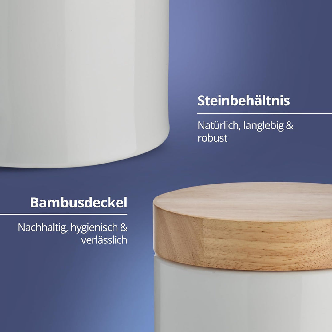 KHG Zwiebel- & Knoblauch Aufbewahrung, Vorratsdosen Keramik Steingut Weiss Holz-Deckel Bambus rund,