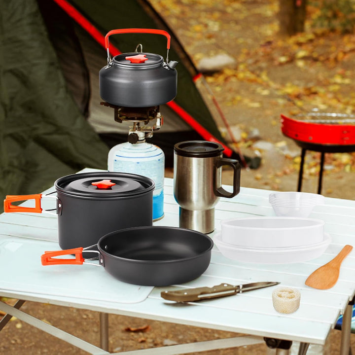 Gutsdoor Camping Geschirr Set 16 Teilig, Outdoor Kochgeschirr Set für 2-4 Personen, mit 2 Topfe, Koc