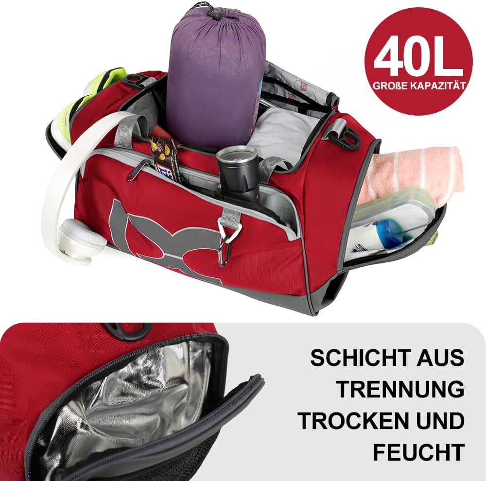 INOXTO Grosse Sporttasche, Faltbare Sport-Reisetasche mit Nass- und Trockentaschen und Schuhfach, He