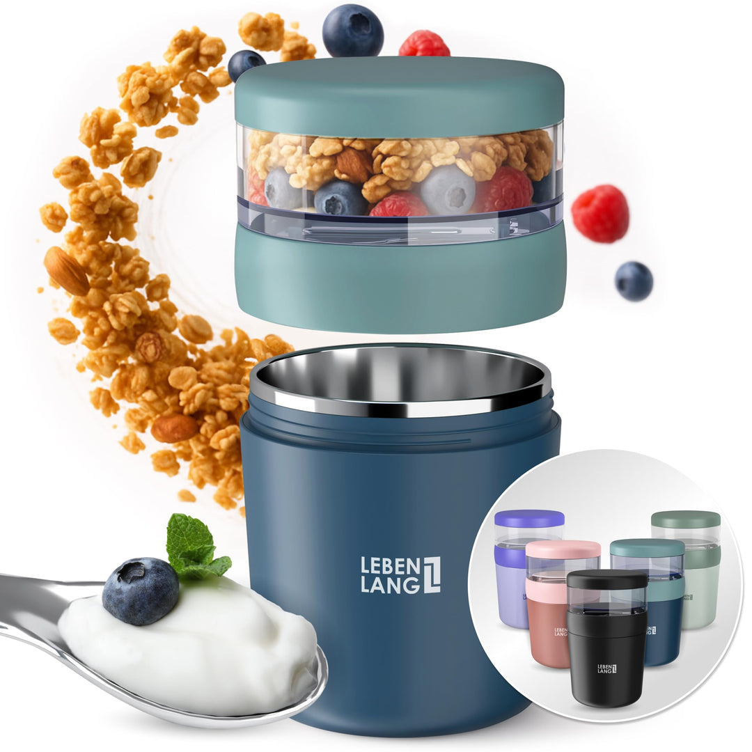 LEBENLANG Müslibecher To Go mit Löffel - Isolierende Edelstahlinnenwand & 650ml I Joghurtbecher to g