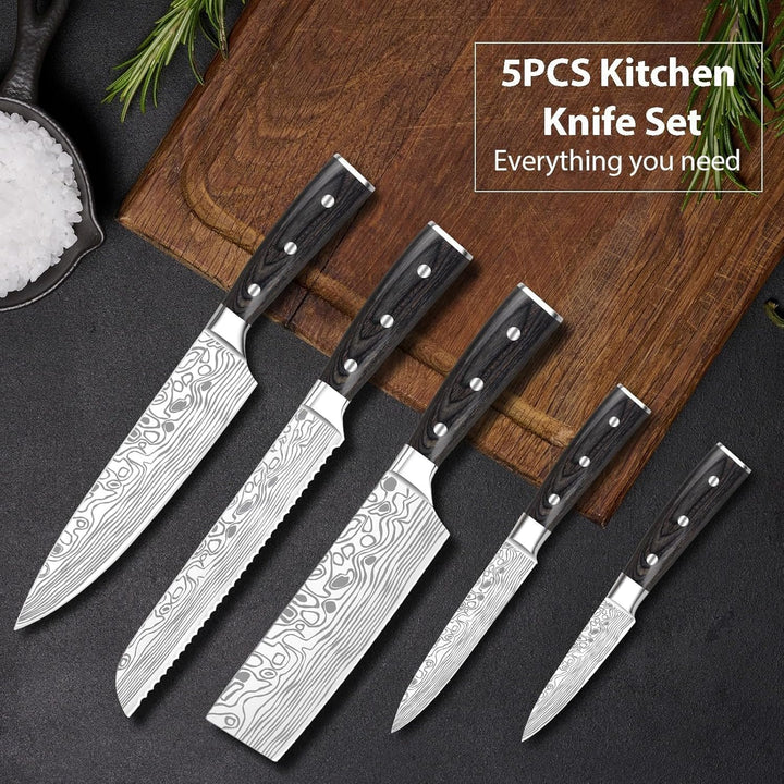 Kochmesser Set 5pcs aus Hochwertigem Edelstahl Profi Küchenmesser Set mit Kochmesser Brotmesser Naki