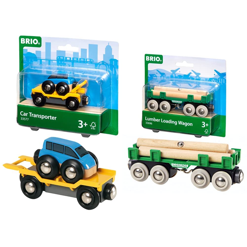 BRIO 33577 - Autotransporter mit Rampe & 63369600 Bahn 33696 - Langholzwagen Bundle mit Langholzwage