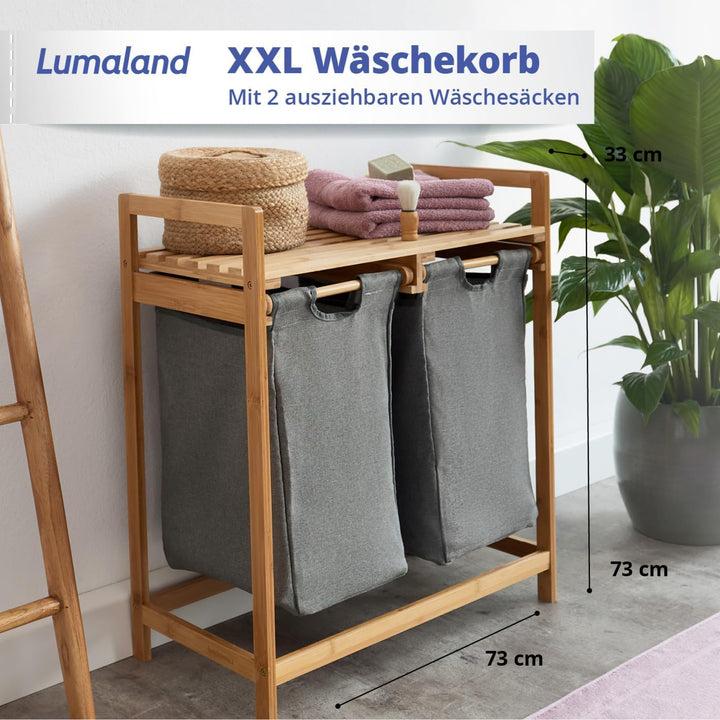 Lumaland Wäschekorb Bambus mit 2 ausziehbaren Wäschesäcken | Pflegeleichtes Material, unempfindlich