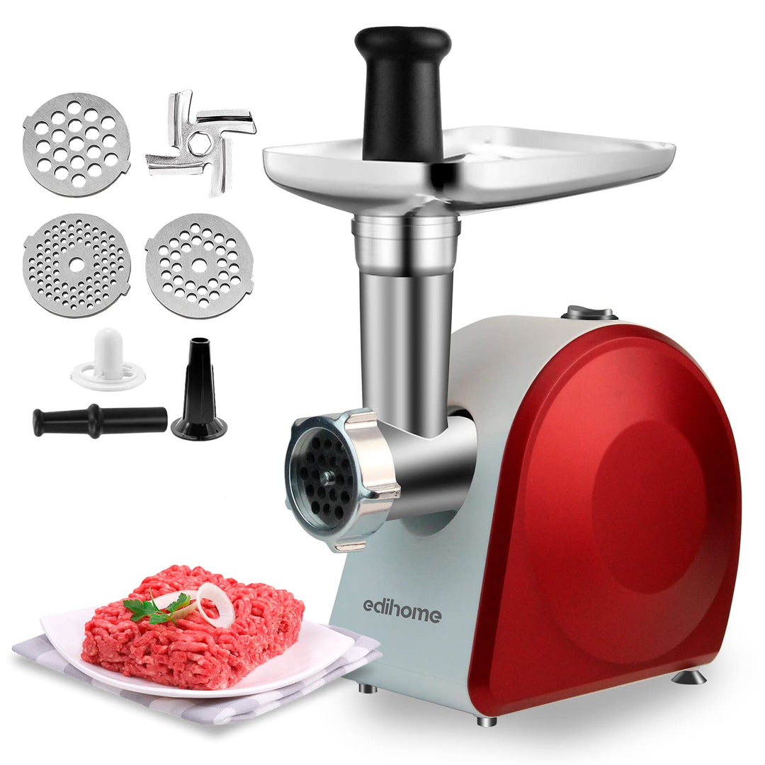 Edihome, Fleischwolf Elektrisch, mit Wurstfüller, Multifunktionell mit 3 Schneidplatten (Rot/Weiss),