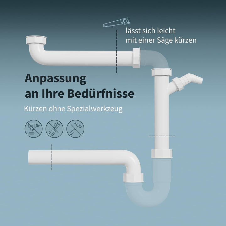AQUADE Röhrengeruchsverschluss 1 1/2 Zoll Raumsparsiphon mit waagerechtem Abgang 40 mm und 1 Abwasse
