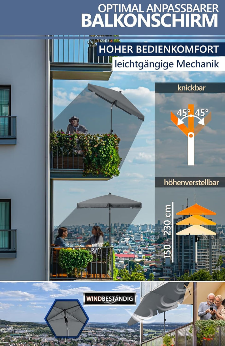 4smile Sonnenschirm Balkon 3-in-1 SET, Anthrazit | UPF 50+ Sonnenschirm rechteckig 200 x 125 cm + So