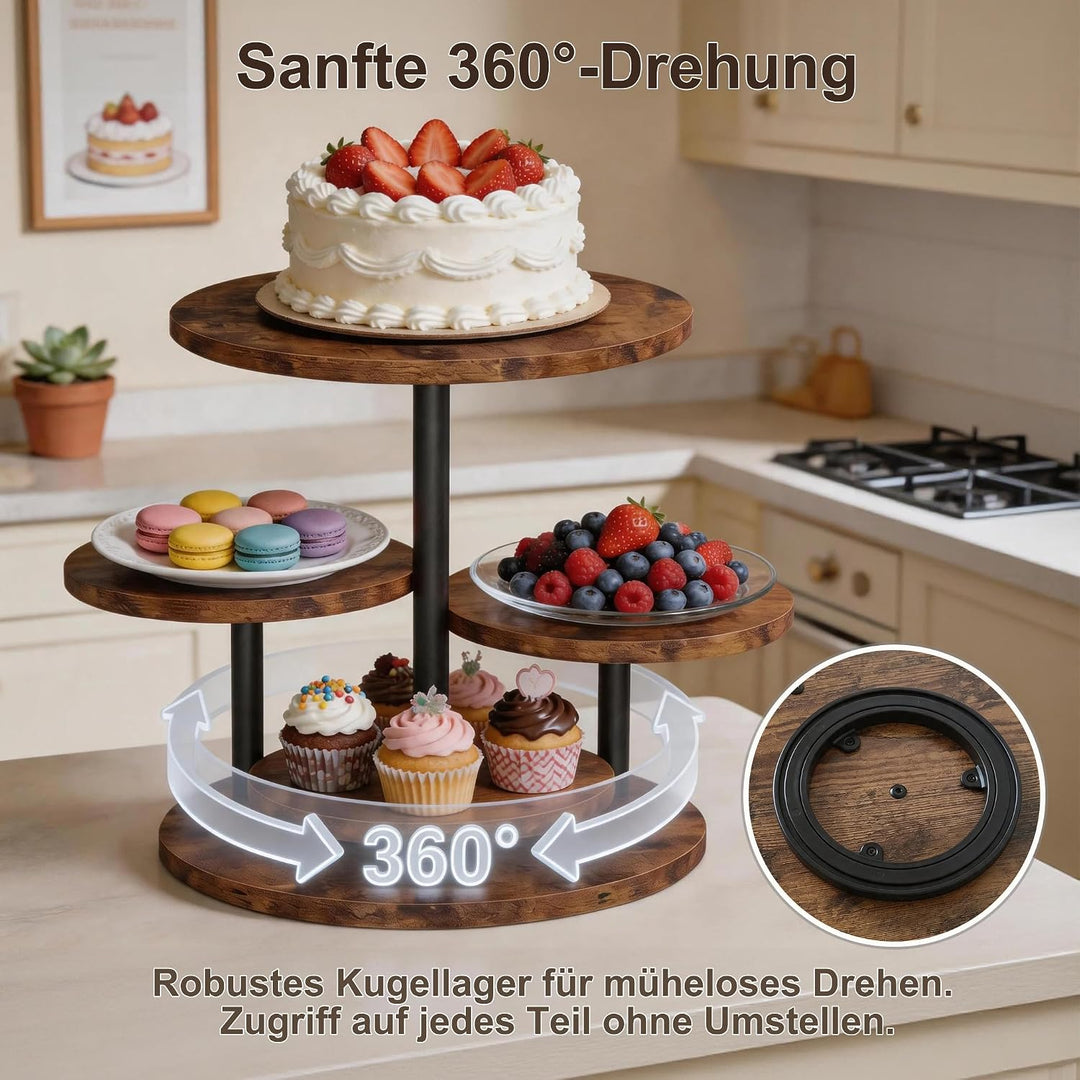 FUSHITON 360° drehbarer 4-stöckiger Ständer aus melaminbeschichtetem MDF &amp; Metall, Etagere für Kuche