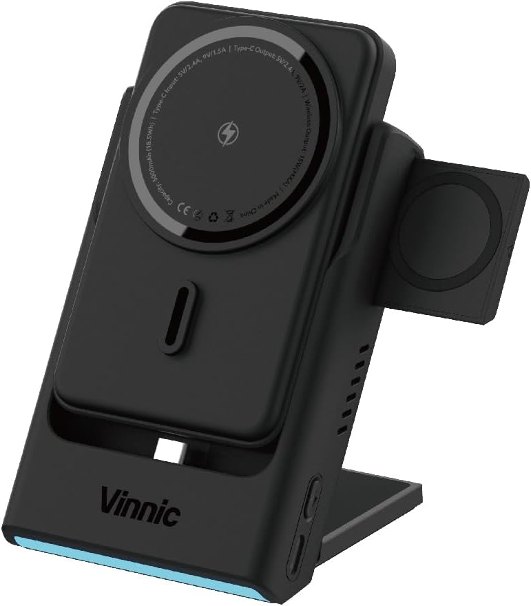 Vinnic AELLO Peak 3-in-1 Kabelloses Ladedock mit MagSafe kompatibler Powerbank, 5000mAh, für iPhone,