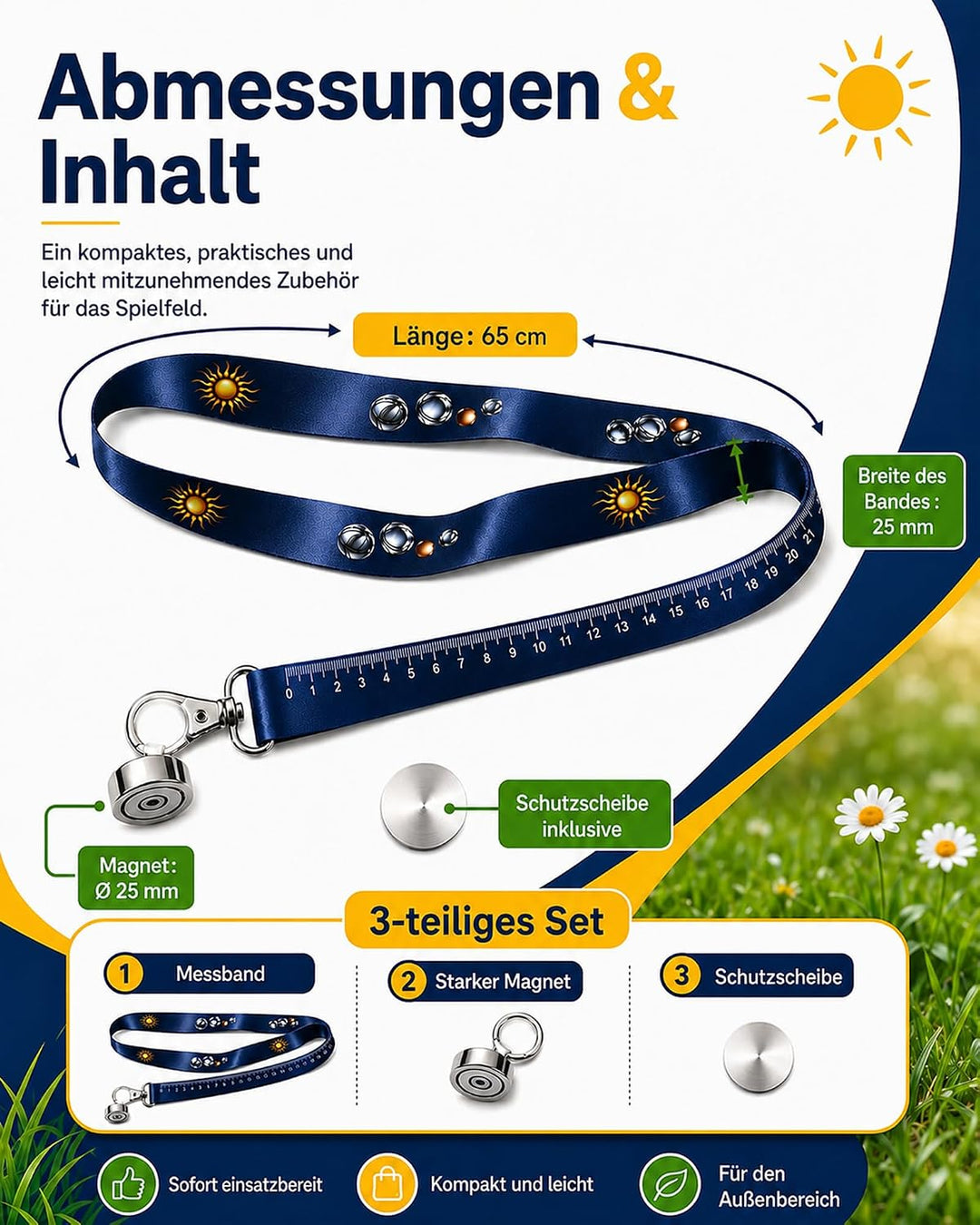 Pétanque-Kugeln, magnetisch, mit Magnet 2,5 cm und Schutzscheibe, Petanque, Zubehör, Riemen 65 cm, m
