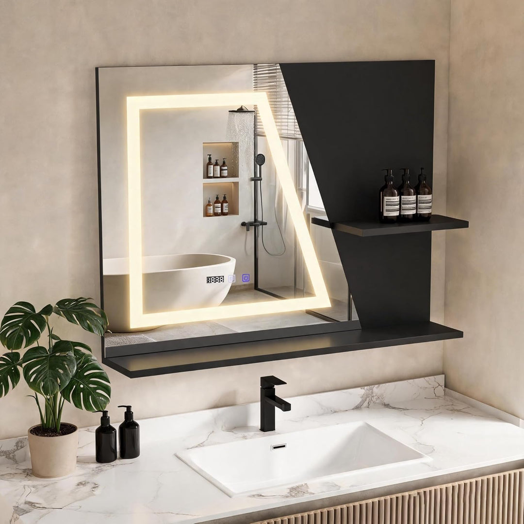YU YUSING Badspiegel mit Beleuchtung 80x60cm, LED Badezimmerspiegel Mit Uhr | Beschlagfrei, Touch-Sc