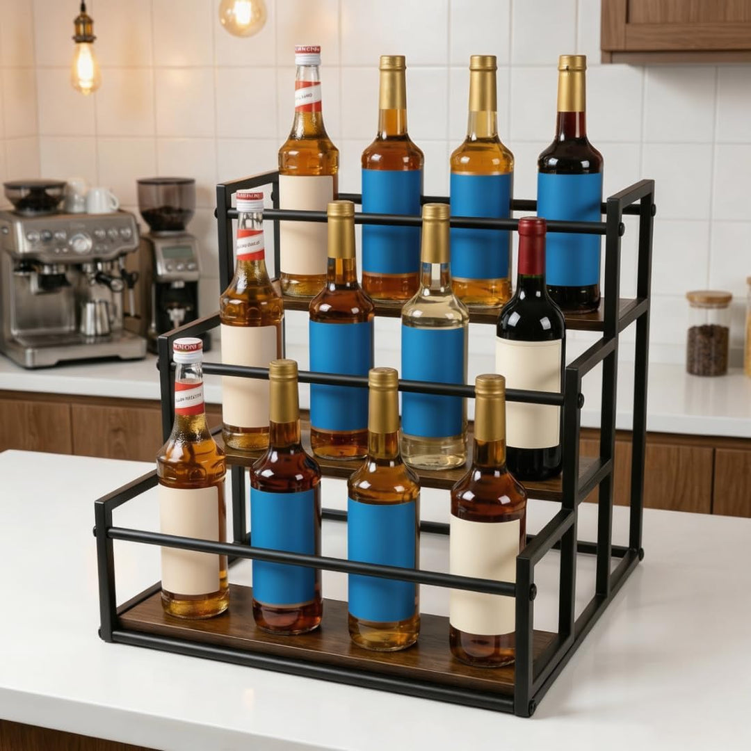 Weinständer aus Holz mit Tablett 3 Ebenen Weinregal Flaschenregal Arbeitsplatte Weinflaschenhalter F