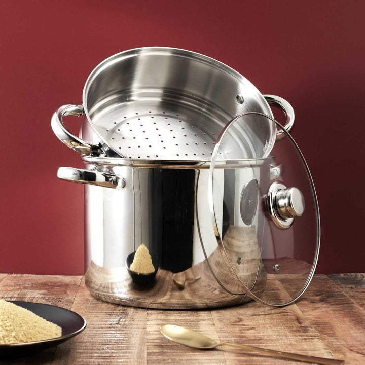 COOK CONCEPT, KC0006, Metal Couscous Maker with Glass lid, 8L Capacity, Compatible with All Heat Sou