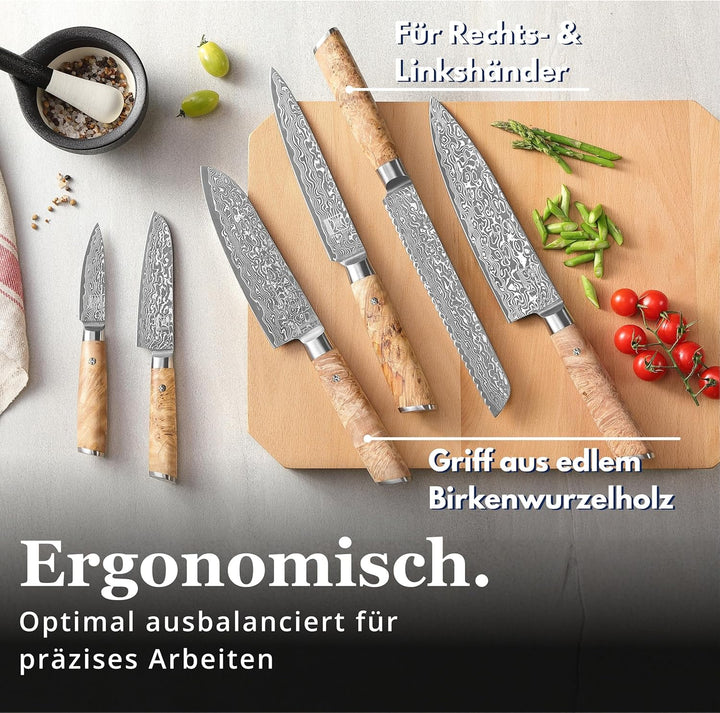 Wakoli Edib 6er Damastmesser Set mit Klingenlängen von 8,50cm bis 20,50cm extrem scharf aus 67 Lagen