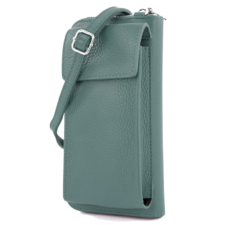 modamoda de - P06 - ital. Damen Umhängetasche Geldbörse Handytasche Leder Ocean Grey, Ocean Grey