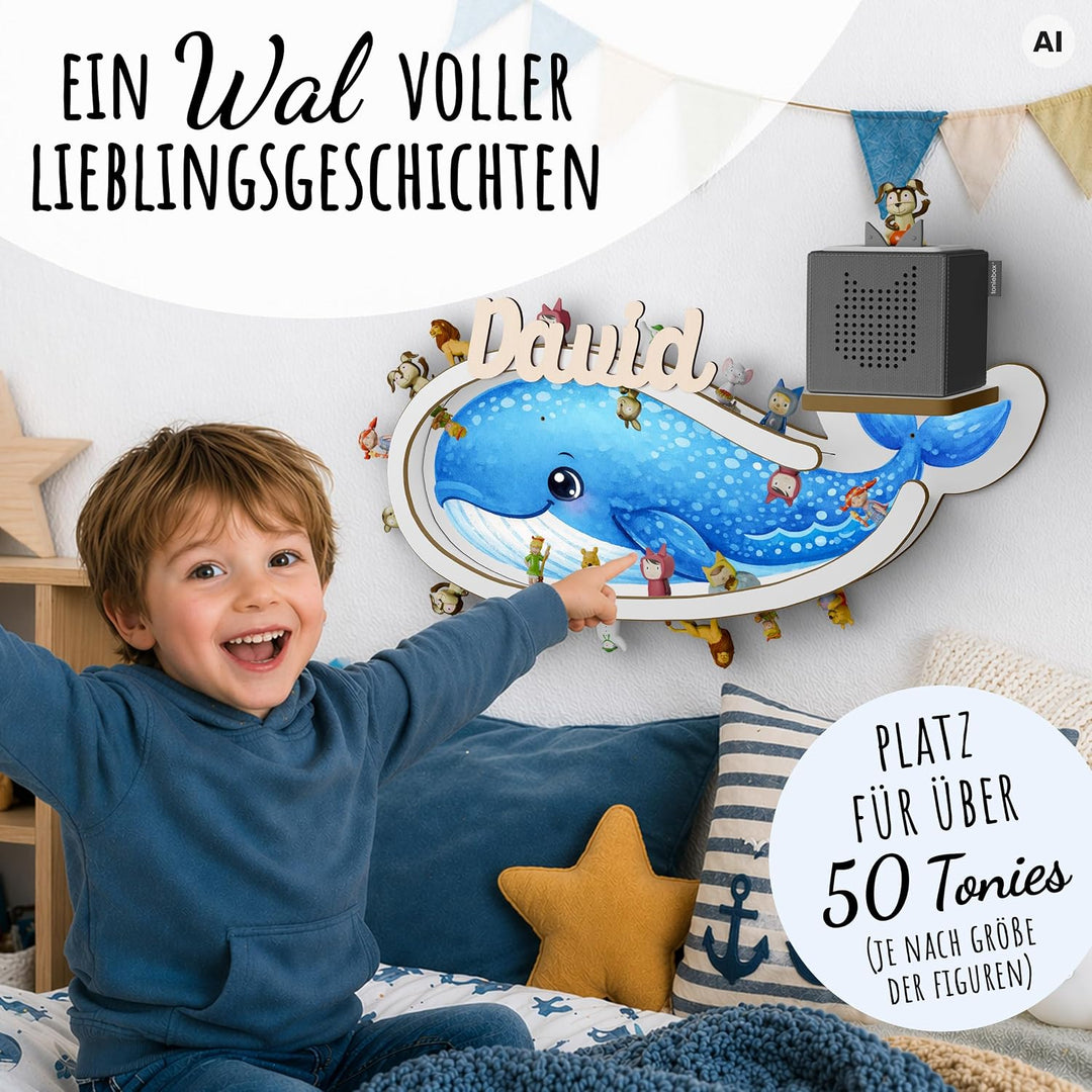 Holzura Wal Tonie Regal für Toniebox 1 – personalisiertes magnetisches Wandregal für über 50 Toniefi