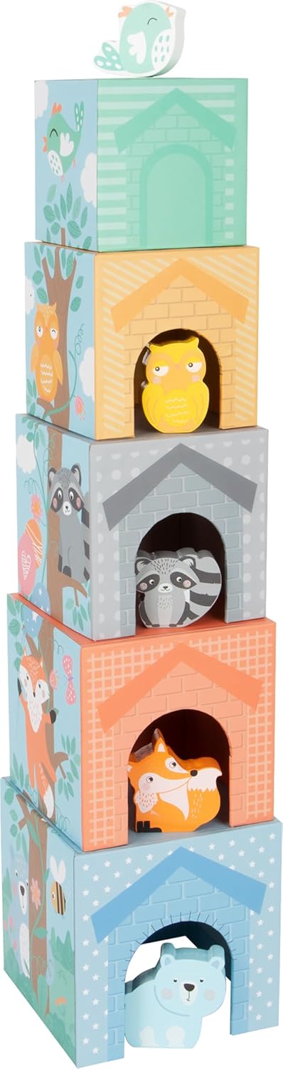 Small Foot Stapelwürfel Pastell aus Pappe mit Tierfiguren aus Holz, Stapelturm für Kleinkinder ab 12