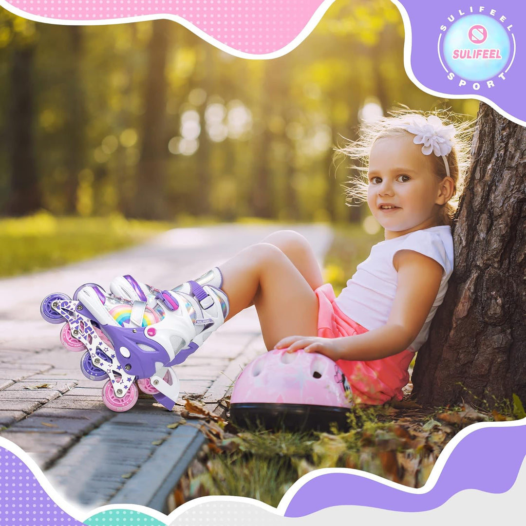 SULIFEEL Rainbow Unicorn Verstellbare Schwarz Rollschuhe für Kinder mit Leuchtenden Rädern für Junge