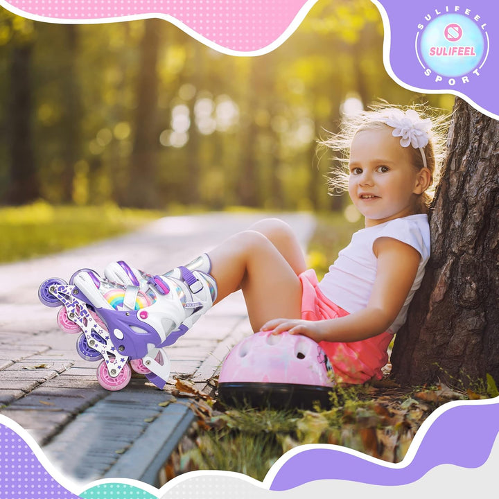 SULIFEEL Rainbow Unicorn Verstellbare Schwarz Rollschuhe für Kinder mit Leuchtenden Rädern für Junge