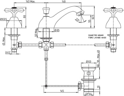 BATTERIA LAVABO 3 FORI, SCARICO AUTOMATICO 1 14 PAINI 17CR211