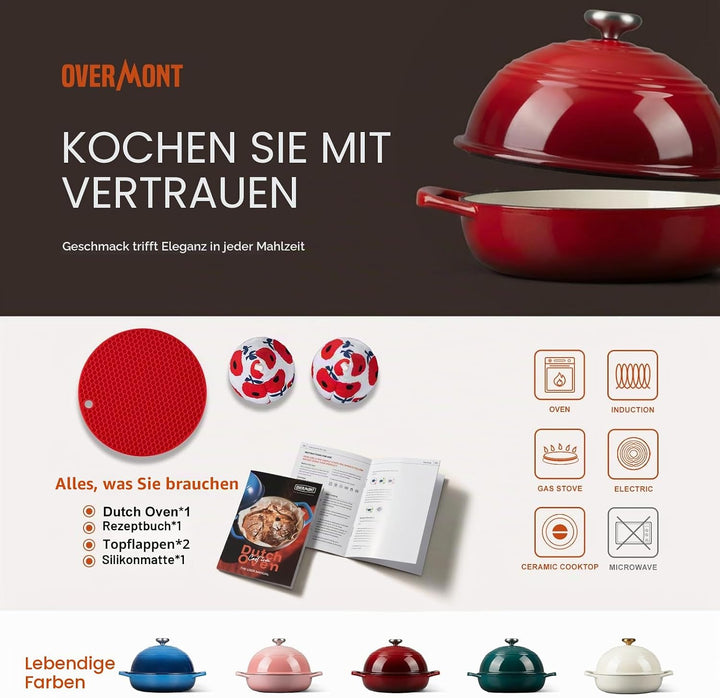 Overmont Gusseisen Topf Emaille Brotbacktopf - 5.7L Bräter Schmortopf mit Deckel und Kochbuch – für