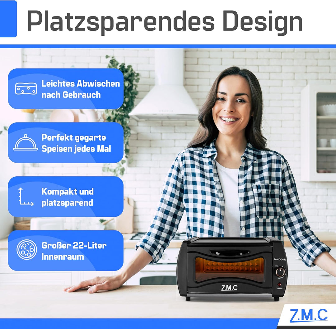 ZMC Mini Tandoor 2100W 22L - Minibackofen für Lahmacun, Pizza, Naan und Brot. Inklusive Backblech un