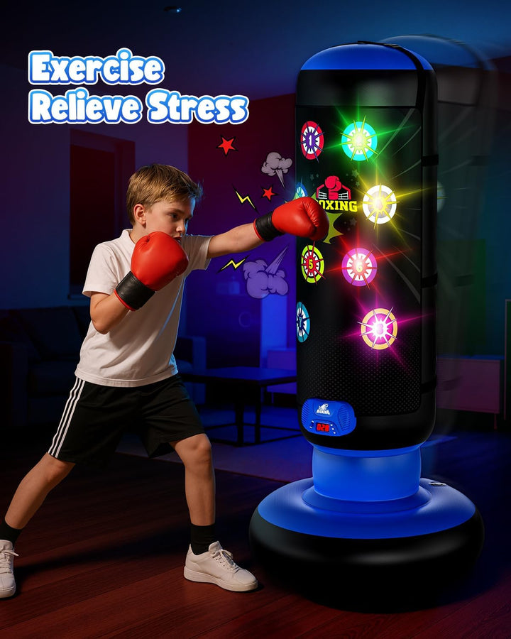 Boxsack Kinder, Boxsack Stehend mit Musik & Licht, Interaktiv Punching Bag, Aufblasbarer Standboxsac