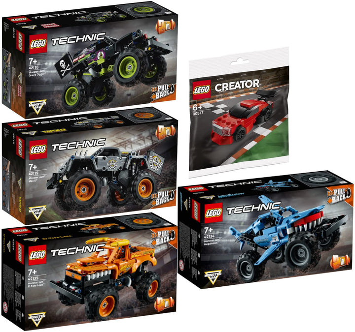 Lego Technic 5er Set: 42118 Monster Jam Grave Digger, 42119 Monster Jam Max-D, 42134 Monster Jam Meg