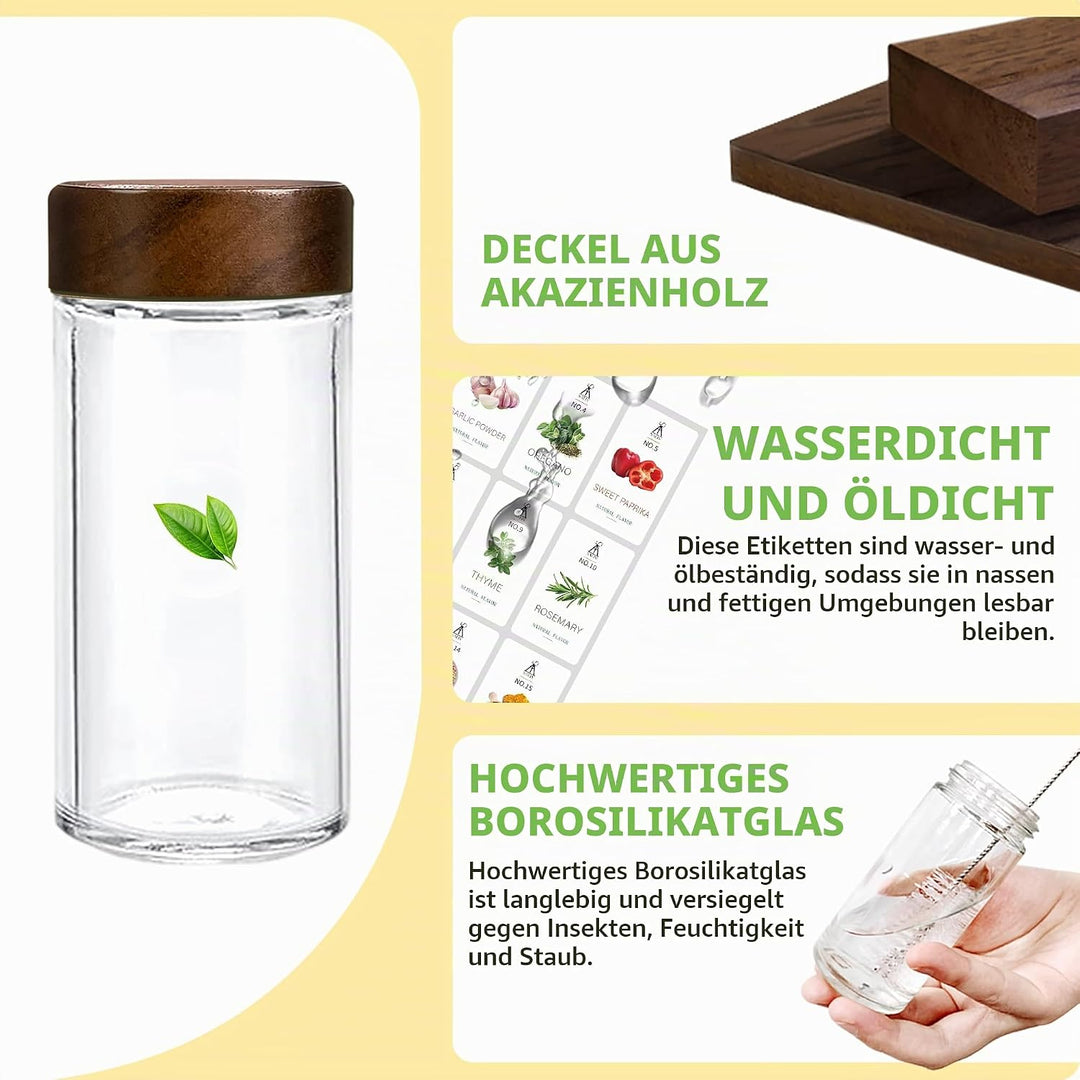 SAEIV 24-tlg. Gewürzgläser Set mit Akazienholzdeckeln, Rund &amp; Luftigdicht, Inkl. Etiketten, Trichter