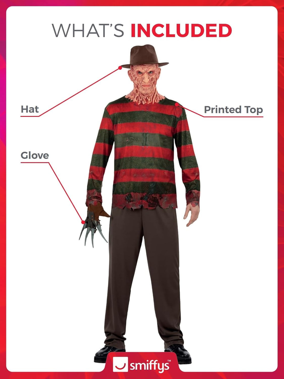 Smiffys Ein Nightmare On Elm Street Freddy Krueger Kostüm – inklusive bedrucktem Oberteil, Handschuh