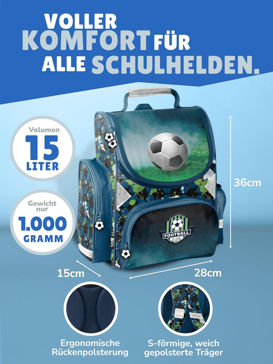 Familando Fussball Schulranzen 1. Klasse ergonomischer Tornister für Mädchen und Jungen Schultasche