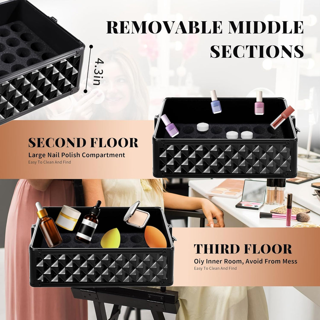 Arous 4-in-1 Professioneller Make-up-Zugkoffer, multifunktionaler Kosmetikwagen mit 360° drehbaren R