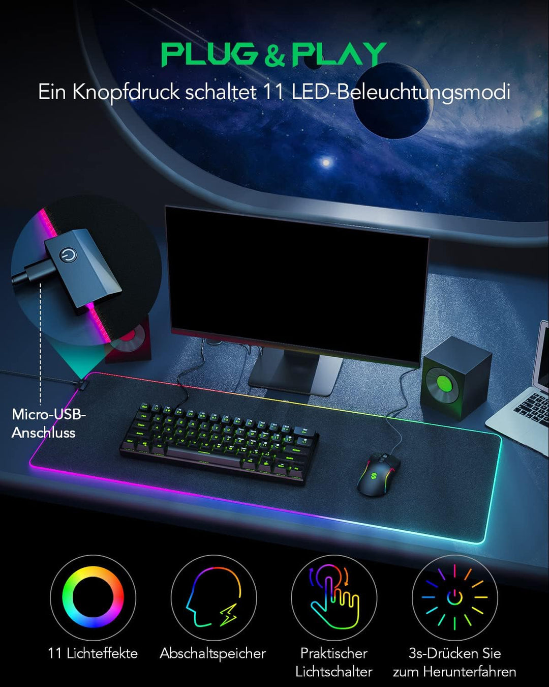 Black Shark Gaming Mauspad XXL 900x400 mm - 11 Beleuchtungs-Modi Led - Mikrofaser Oberfläche Schreib