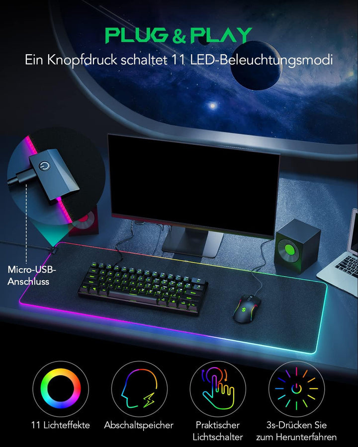 Black Shark Gaming Mauspad XXL 900x400 mm - 11 Beleuchtungs-Modi Led - Mikrofaser Oberfläche Schreib