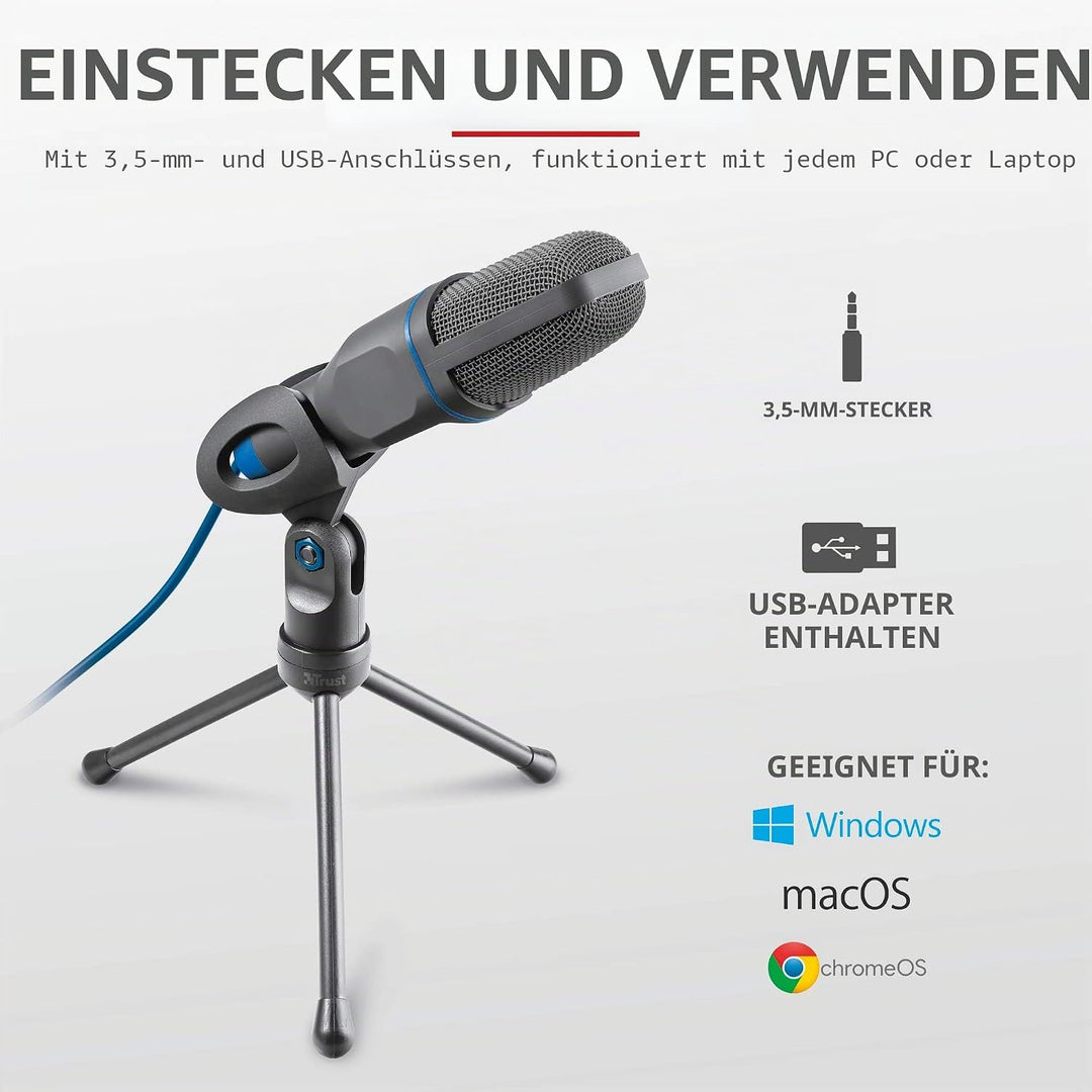 Trust Mico PC Mikrofon mit Kondensator und Stativ, Mit 3,5 mm und USB Anschluss, Plug and Play, Micr